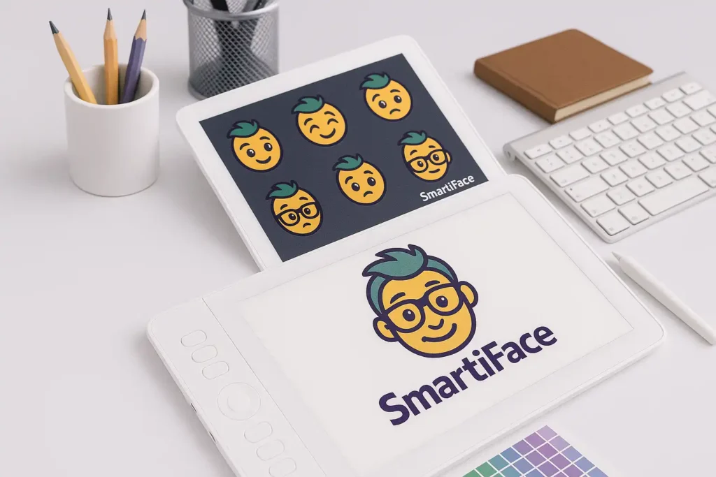 موکاپ طراحی لوگو کاراکتری SmartiFace با تم بنفش، سفید و سبز روی دستگاه‌های دیجیتال